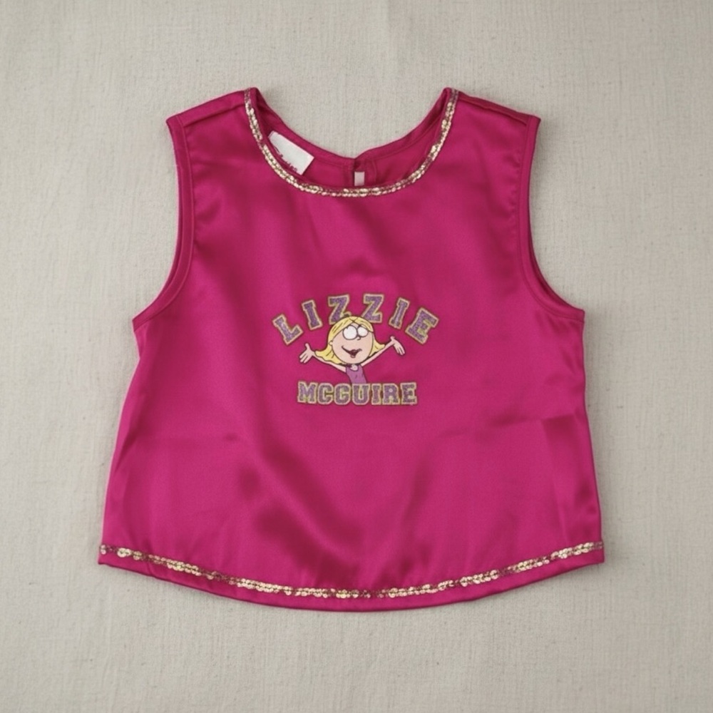 Vintage Disney Lizzie McGuire Pink Satin Sequin Crop Tank Top Girls Medium Y2K